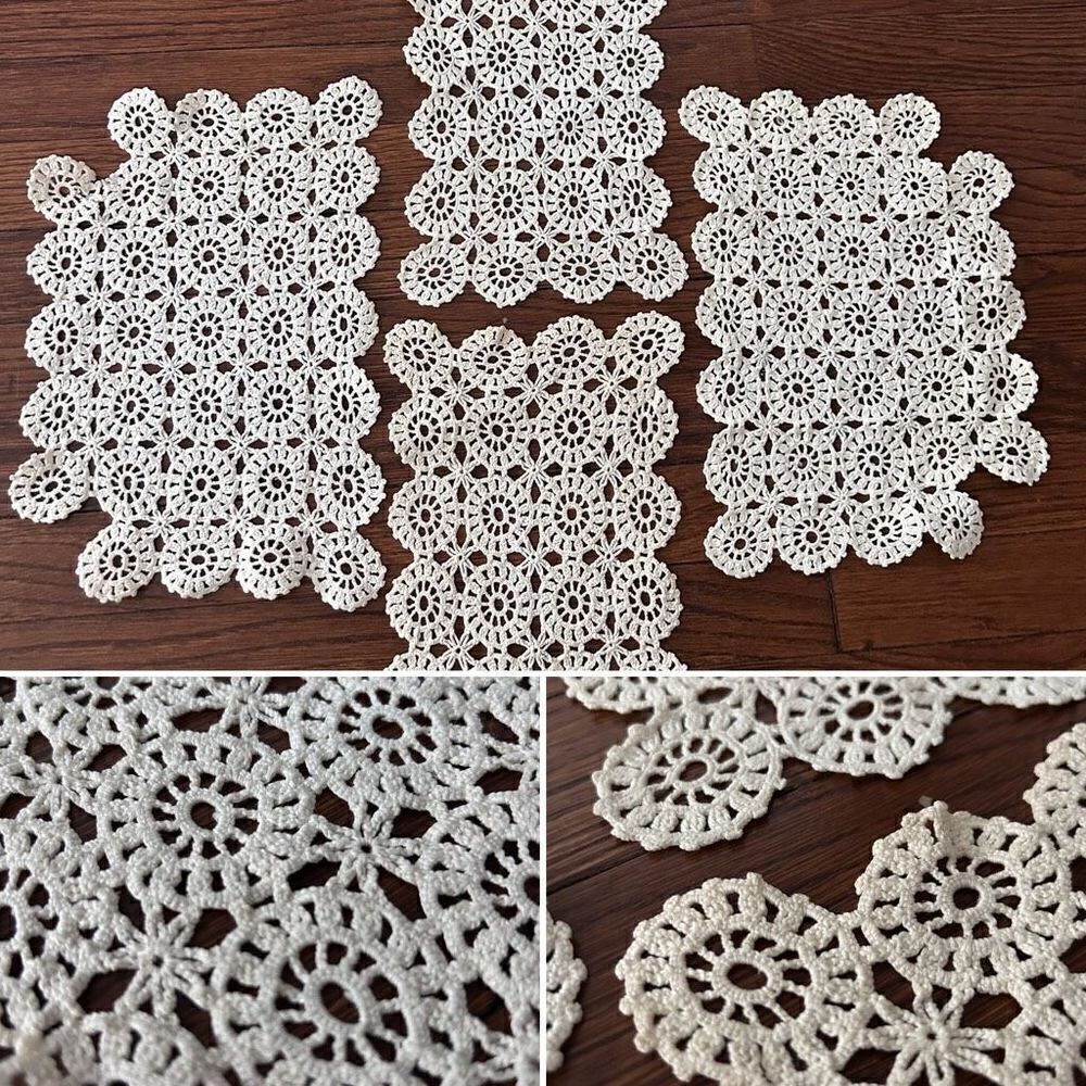 Handmade Crocheted Doilies Vintage Table Set of 4 Bundle White Beautiful Cotton